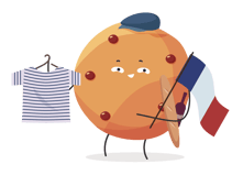 A cookie holding a baguette, a wine bottle and a striped shirt and waving the French flag